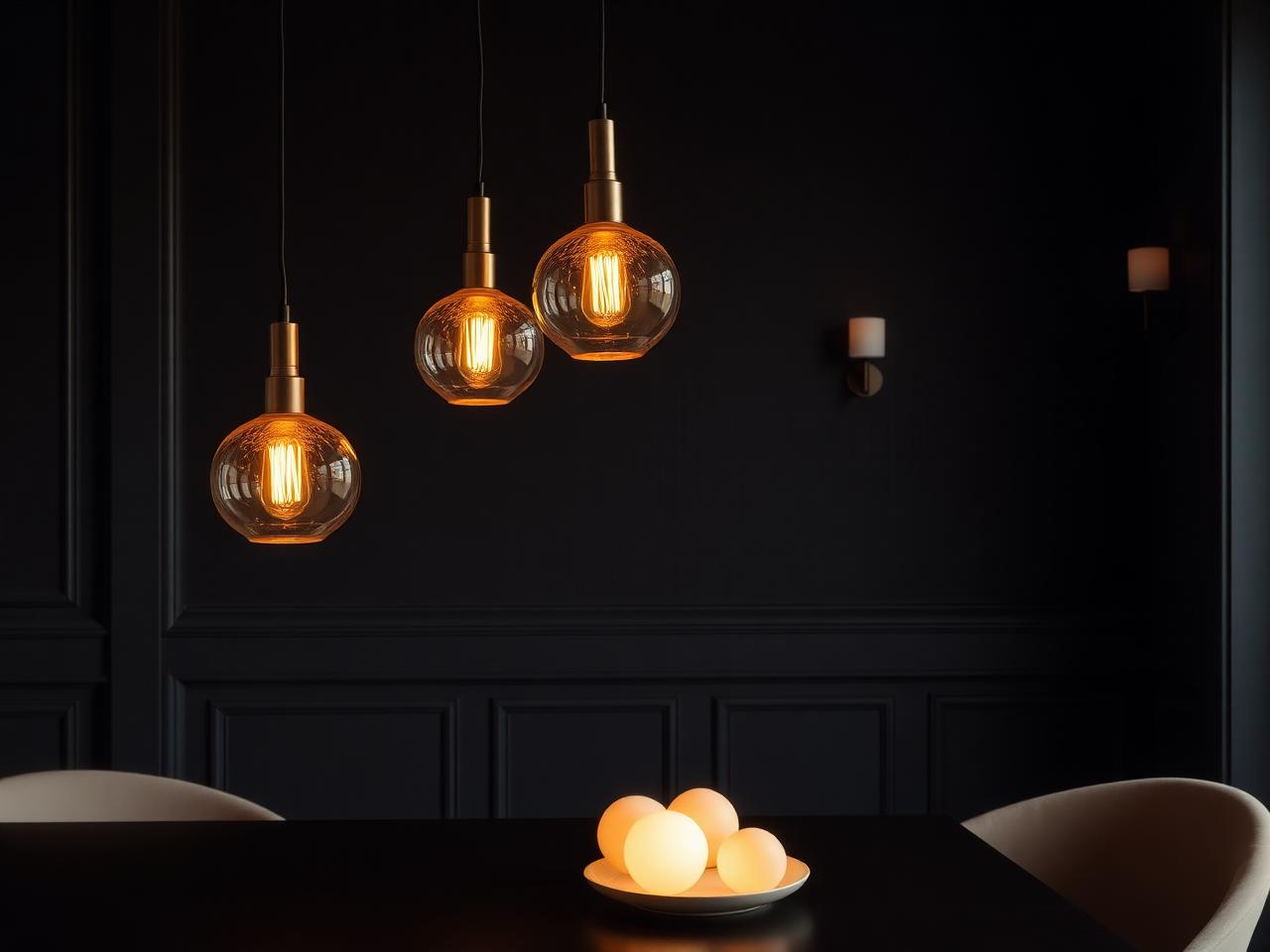 Detalhe de iluminação decorativa com pendentes de vidro âmbar