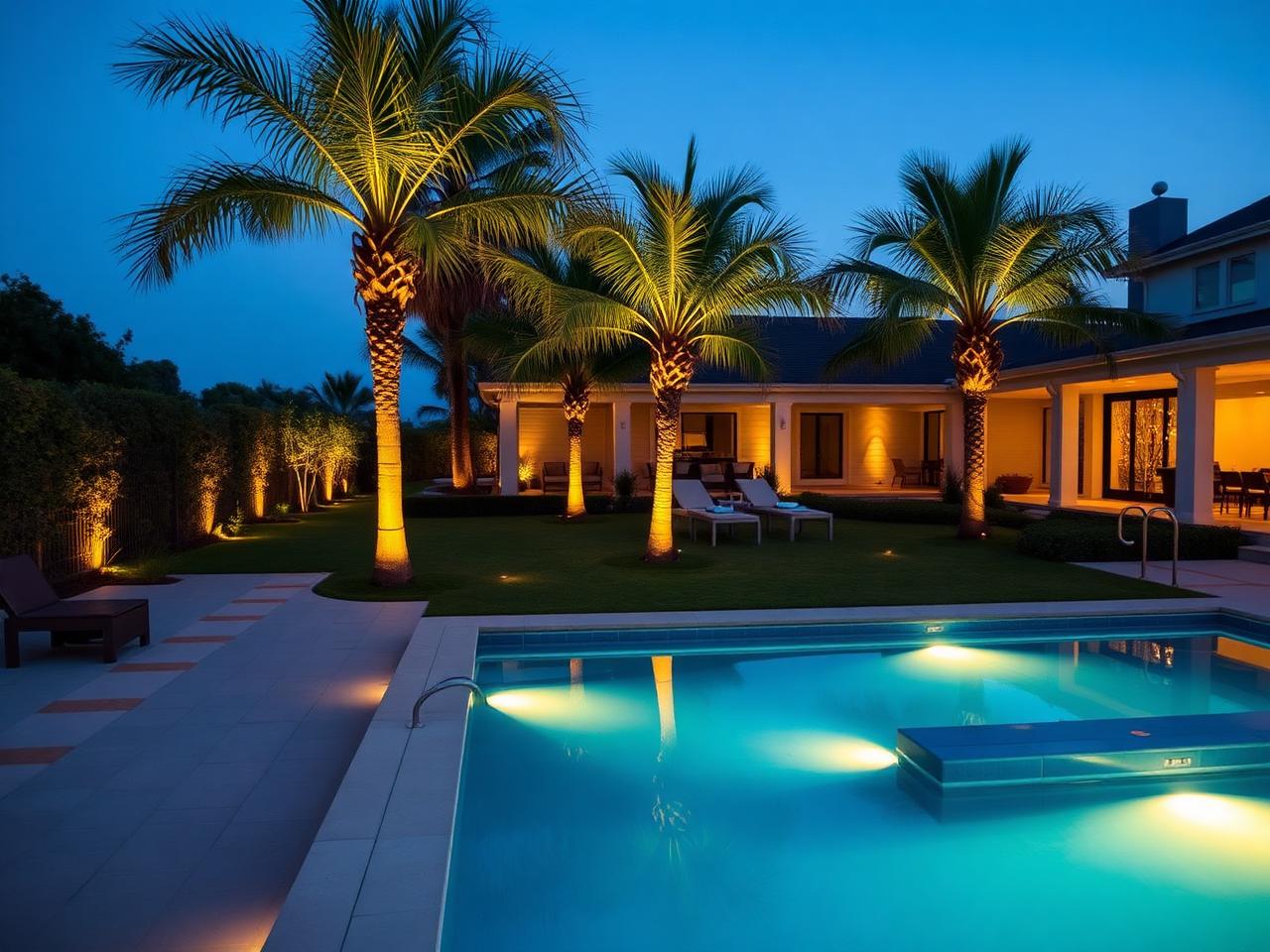 Área externa com iluminação de jardim, piscina e paisagismo